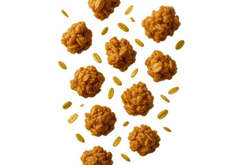 Sweet oat clusters and flakes are falling against a transparent background, creating a dynamic and appetizing visual