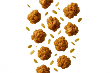 Sweet oat clusters and flakes are falling against a transparent background, creating a dynamic and appetizing visual