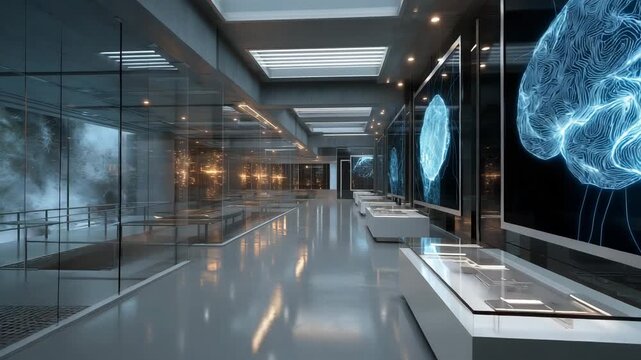 A large room with a large screen on the wall showing a brain. Futuristic AI lab with glowing neural maps displayed on glass walls, superintelligence labs clean sci-fi, quantum ai development