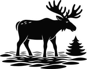 Silhouette of a Moose Standing in Water Near a Pine Tree on white background
