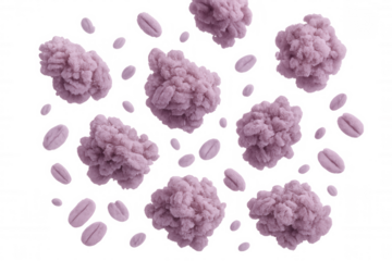 Lavender fluffy clouds cascading, oat flakes drifting against translucent backdrop, generating ethereal visual composition