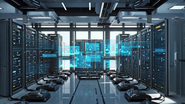 Futuristic server room monitoring data flow with holographic interface - Powered by Adobe