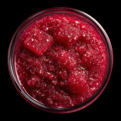 Refreshing watermelon granita served in a clear glass jar on a black background during summer
