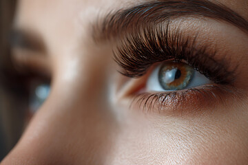 Obraz premium Stunning close-up of a captivating eye with dramatic, voluminous lashes, revealing intricate detail and vibrant hazel iris for beauty and fashion inspiration.