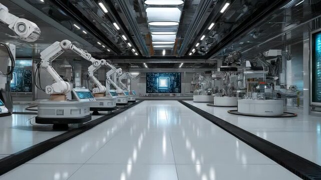 A large room with many robots and a large screen. Futuristic lab with multiple robotic arms assembling glowing AI chip, clean sci-fi, superintelligence labs