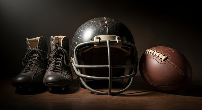 Football Helmet, Classic Equipment, and Accessories A Vintage Still Life with a Football and Old Boots