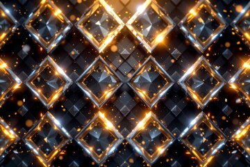The image features a geometric pattern consisting of diamond shaped frames with glowing edges, arranged in a grid like formation