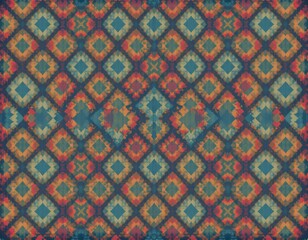 The image features a vibrant, intricate geometric pattern composed of diamond shapes and angular motifs in warm shades of red, orange, and yellow