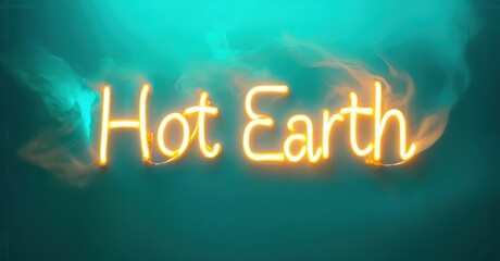 Bright neon sign displays Hot Earth against teal background. Smoke effects add dramatic visual interest. Simple, bold typography.