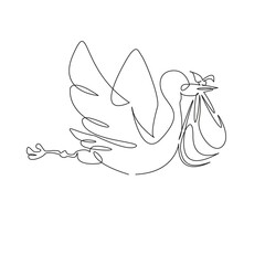 One continuous single drawing line art flat doodle newborn, stork, children, baby, bird, announcement, born, happy, animal. Isolated image hand draw contour on a white background, hand drawn, not AI