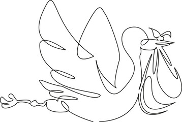 One continuous single drawing line art flat doodle newborn, stork, children, baby, bird, announcement, born, happy, animal. Isolated image hand draw contour on a white background, hand drawn, not AI