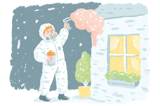 Worker in protective gear sprays disinfectant on building exterior, ensuring cleanliness and safety. scene conveys sense of diligence and care in maintaining hygiene