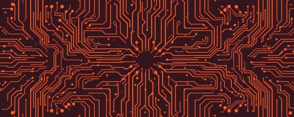 The image features a digital, circuit like pattern composed of interconnected lines and nodes radiating outward from a central point