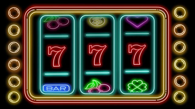 Neon Casino Slot Machine Animation with Spinning Reels, Jackpot 777 and Lucky Seven Win