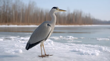 A winter morning in a frozen marsh, ice patterns glistening under soft light, lone heron standing still, quiet and meditative mood, fine art nature photography