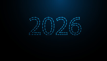Year 2026 in a futuristic low poly design against a dark background. Number 2026 digital design on dark blue background with connected dots and lines. Vector illustration.