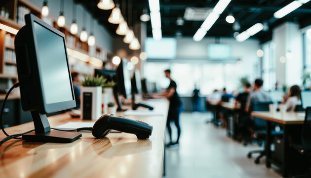 Modern office workspace with computer and barcode scanner on desk  