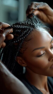 Woman getting her hair braided in a cozy setting while engaging with a stylist