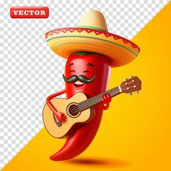 Chili pepper character wearing a hat and playing guitar, 3D vector. Suitable for advertising and food