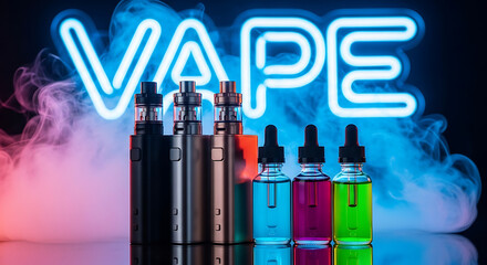 Vape Vaporizers and E-liquids Displayed with Neon Sign