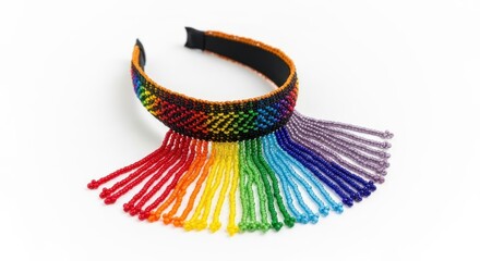 Colorful Rainbow Beaded Headband with Fringe on White Background