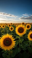 Radiant Sunflowers Under a Blue Sky - A Field of Golden Blooms.