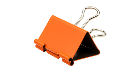 Orange binder clip shines, glossy surface, pops on black. Use for office product marketing, online banners, and education materials.