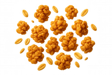 Crunchy cereal puffs and oat flakes falling against a transparent background, creating a dynamic and appetizing visual