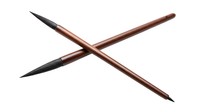 Two brown calligraphy brushes cross against a black backdrop. Presents traditional art, asian design, branding, product showcase.