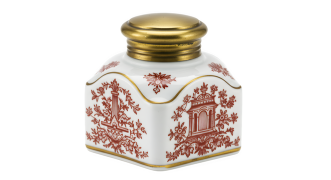 Porcelain inkwell shows vintage style with red floral patterns and a gold lid, useful for product photography and historical presentations.