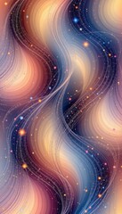 The image features an abstract cosmic scene with flowing, wave like patterns in warm tones of orange, yellow, and pink intertwined with cooler shades of blue and purple