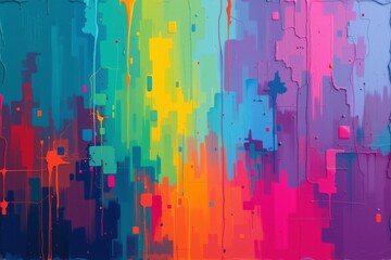 The image features an abstract design composed of numerous rectangular and square shapes in a vibrant rainbow spectrum