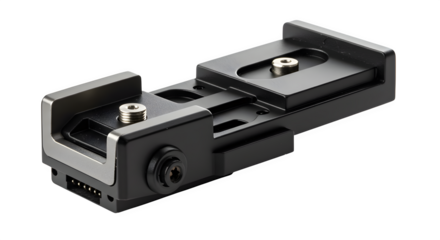 Black, precision-engineered metal fixture showcases clean lines and a modern aesthetic against a dark background. Perfect for technical illustrations and product displays.