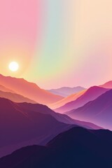 The image features a surreal landscape with multiple layers of mountain ridges that recede into the distance, gradually fading into softer hues