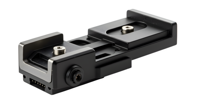 Black, precision-engineered metal fixture showcases clean lines and a modern aesthetic against a dark background. Perfect for technical illustrations and product displays.