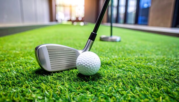 Golf club poised over ball on putting green