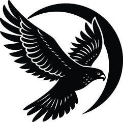 Stylized Eagle Silhouette Soaring Before a Crescent Moon in Black and White on white background