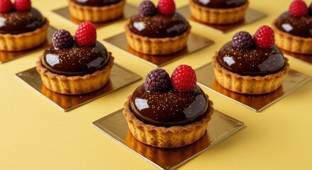 Delicious Chocolate Tart with Fresh Berries Displayed on Golden Plates Against Yellow Background