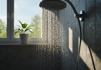 Invigorating shower stream illuminated by sunlight in a spa-like bathroom retreat
