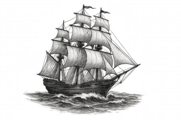 Vintage sailing vessel pencil drawing, navigating stormy waters with billowing sails, transparent background, ideal for maritime historical designs