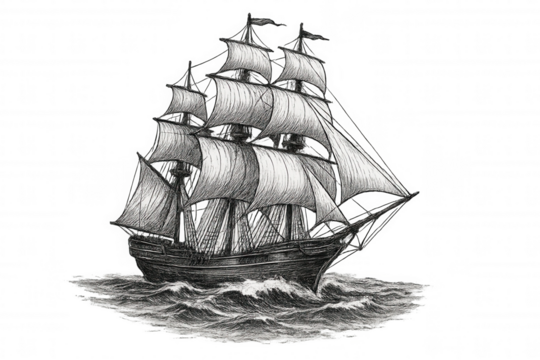 Vintage sailing vessel pencil drawing, navigating stormy waters with billowing sails, transparent background, ideal for maritime historical designs