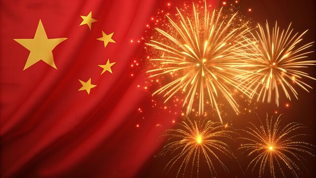 Vibrant golden fireworks exploding against the waving red chinese flag