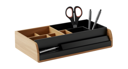 Wood/Black Desk Organizer: Shows stationery with scissors and pens in a light wood textured container with black accents. For office, school, organization, products.