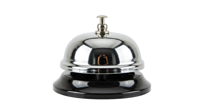 Silver service bell reflects light against a black background, great for product mockups or branding.