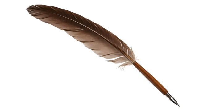 Brown quill pen shows intricate feather texture against a black background for stationery or historic book design.