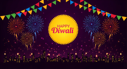 Colorful fireworks lighting up night sky above cityscape with glowing lamps festive bunting and bright celebration background for Diwali Deepavali festival of lights Hindu Puja Durga Navratri 