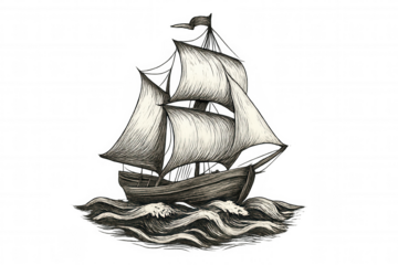 Hand-drawn vintage sailing ship with billowing sails bravely navigating through rough waves, isolated on a transparent background