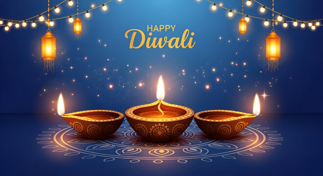 Glowing diya lamps with decorative rangoli pattern on blue festive background with golden lanterns for Diwali Deepavali celebration festival of lights Hindu Puja Durga Navratri worship cultural 