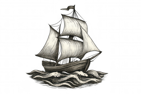 Hand-drawn vintage sailing ship with billowing sails bravely navigating through rough waves, isolated on a transparent background
