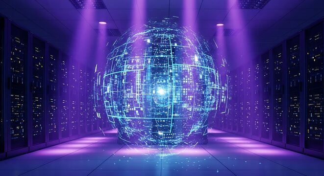 Futuristic Data Center with Glowing Sphere and Server Racks.
